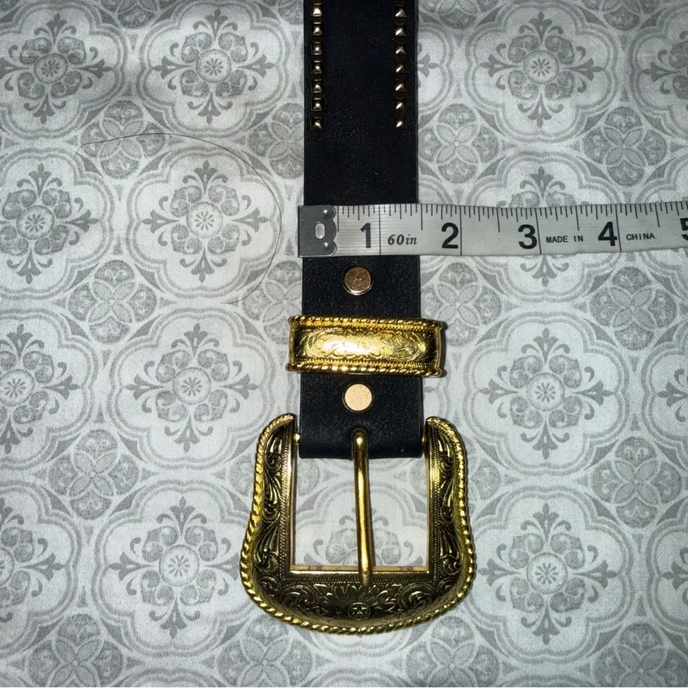 GENUINE BLACK LEATHER DOUBLE GOLD BUCKLE STUDDED BELT